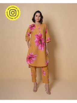 Kameez - Orange Digital Print Cotton Kurta with Pant (Set of 2)