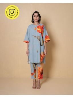 Kameez - Powder Blue Digital Print Cotton Kurta with Pant (Set of 2)