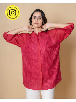 Kameez - Pinkish Red Chanderi Embroidered Shirt with Slip (Set of 2)