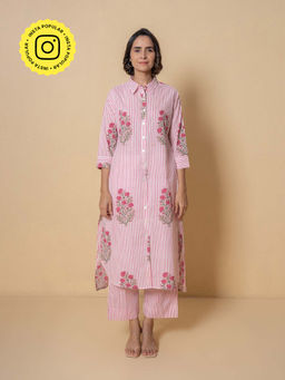 Kameez - Multi-Color Striped Floral Block Print Cotton Kurta with Pant