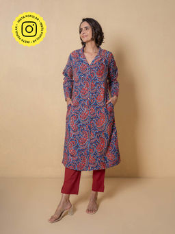 Kameez - Blue & Red Floral Block Print Blue Cotton Kurta With Pant