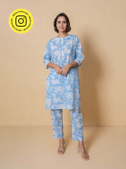 Kameez - Sky Blue Floral Block Print Cotton Co-Ord Set