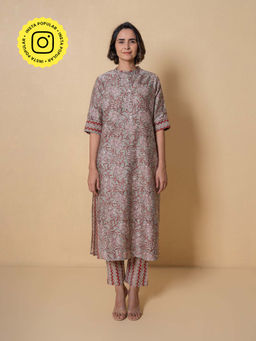 Kameez - Grey Floral Block Print Layered Chanderi Kurta With Pant