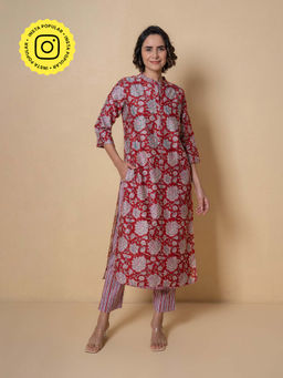 Kameez - Cherry Red Floral Block Print Layered Chanderi Kurta With Pant