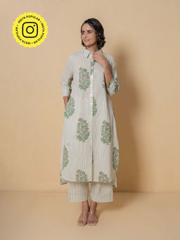 Kameez - Leaf Green Floral Block Print Cotton Kurta With Pant
