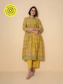 Kameez - Mustard Block Print Chanderi Kurta with Pant