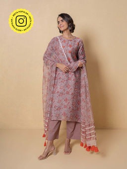 Kameez - Mauve Block Print Chanderi Kurta with Pant and Dupatta