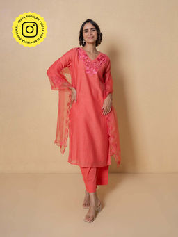 Kameez - Coral Embroidered Chanderi Kurta with Pant and Dupatta