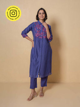 Kameez - Blue Amethyst Purple Embroidered Chanderi Kurta with Pant