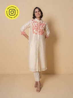 Kameez - Pearl Cream Embroidered Chanderi Kurta with Pant