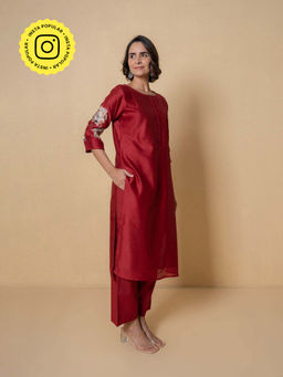 Kameez - Berry Red Embroidered Chanderi Kurta with Pant