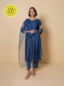 Kameez - Blue Embroidered Chanderi Kurta with Pant and Dupatta