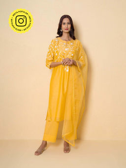 Kameez - Amber Yellow Embroidered Kurta With Pant And Dupatta