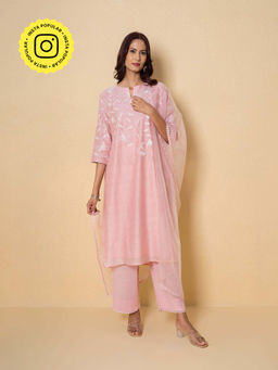 Kameez - Pale Pink Embroidered Kurta With Pant And Dupatta
