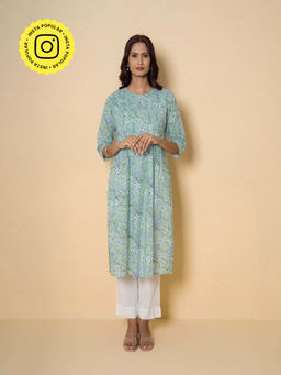 Kameez - Sea Green Floral Block Print Cotton Kurta With Pant