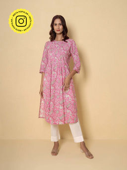 Kameez - Pink Floral Block Print Cotton Kurta With Pant
