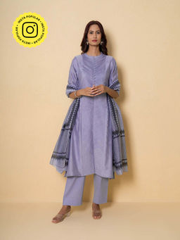 Kameez - Purple Print Chanderi Kurta With Pant And Dupatta