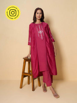 Kameez - Rouge Pink Floral Embroidered Cotton Kurta With Pant And Jacket