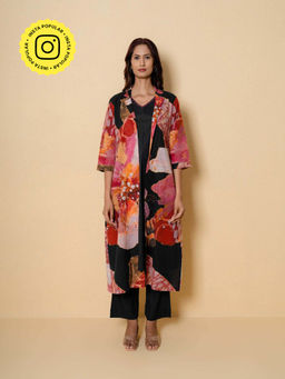 Kameez - Black Floral Digital Print Kurta With Pant And Jacket