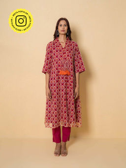 Kameez - Red Rouge Hand Print Kota Doria Kurta With Pant