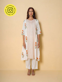 Kameez - Ivory Floral Block Print Cotton Kurta With Pant