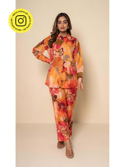 Kameez - Coral Amber Floral Digital Print Bamboo Silk Co-ord Set