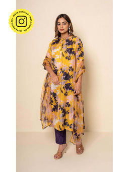Kameez - Flora Digital Print Yellow Bamboo Silk Kurta with Pant and Dupatta