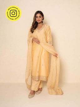 Kameez - Luxe Peach Chanderi Gota Patti Kurta with Pant and Dupatta