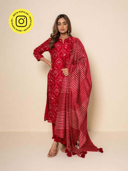 Kameez - Twilight Red Hand Print Chanderi Kurta with Pant and Dupatta