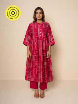 Kameez - Blush Reverie Hand Print Chanderi Red Kurta with Pant