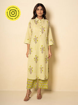 Kameez - Green Garden Cotton Floral Block Print Kurta with Pant