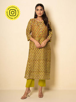 Kameez - Floral Lime Chanderi Yellow Floral Block Print Kurta with Pant