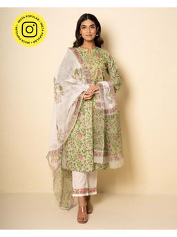 Kameez - Garden Mint Cotton Floral Block Print Kurta with Pant & Dupatta