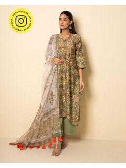 Kameez - Olive Meadow Chanderi Floral Block Print Kurta with Pant & Dupatta