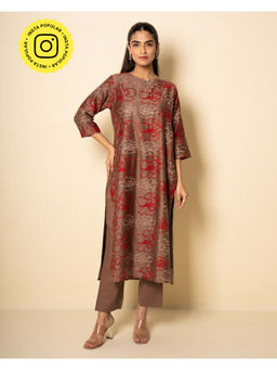 Kameez - Cocoa Brown Chanderi Floral Embroidered Kurta and Pant