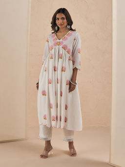 Likha - Monday Blooms White Alia Cut Kurta all Over Embroidered Buta Pant LIKMBSKD05 (Set of 2)