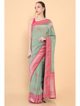 Soch - Women Green Silk Woven Saree with Unstitched Blouse