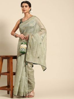 Odette - Green Cotton Embroidered Saree with Unstitched Blouse