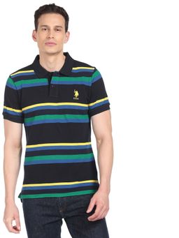 U.S. POLO ASSN. - Men Navy Blue Horizontal Stripe Cotton Polo T-Shirt