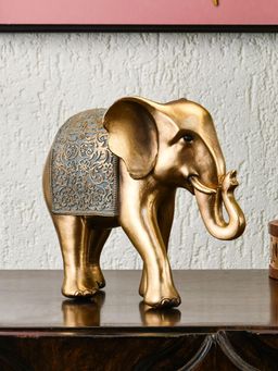 At Home by Nilkamal - Curl Trunk Elephant Decorative Polyresin Showpiece (Grey & Gold)