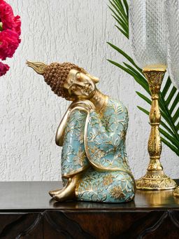 At Home by Nilkamal - Buddha Resting On Knee Decorative Polyresin Showpiece (Mint & Gold)