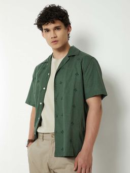 max - Green Cotton Blend Half Sleeves Regular Fit Collar Neck Embroidered Shirt
