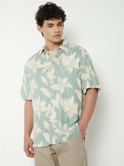 max - Green Viscose Half Sleeves Regular Fit Collar Neck Floral Shirt