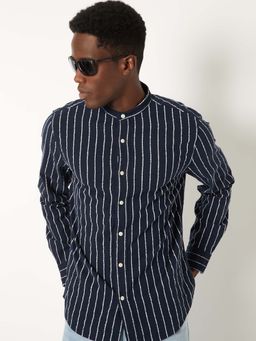 max - Blue Cotton Full Sleeves Regular Fit Collar Neck Stripes Shirt