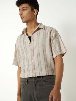 max - Beige Cotton Half Sleeves Regular Fit Collar Neck Stripes Shirt