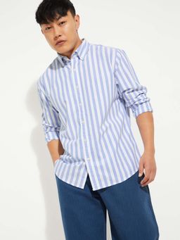 max - Blue Cotton Full Sleeves Regular Fit Collar Neck Stripes Shirt