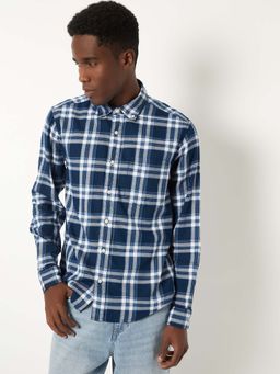 max - Blue Cotton Full Sleeves Regular Fit Collar Neck Checks Shirt