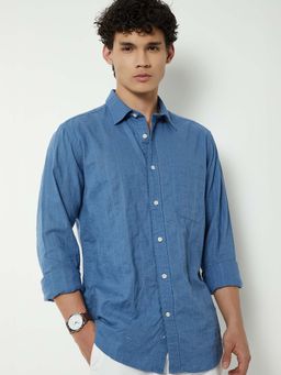 max - Blue Cotton Full Sleeves Regular Fit Collar Neck Stripes Shirt