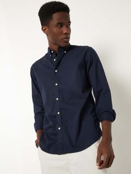 max - Blue Cotton Full Sleeves Regular Fit Collar Neck Solid Shirt