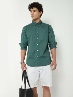 max - Green Cotton Full Sleeves Regular Fit Collar Neck Solid Shirt